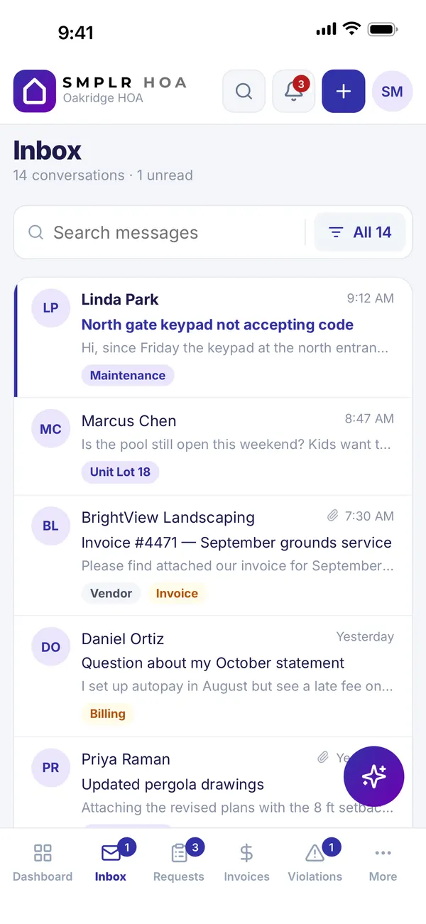 Community inbox with homeowner questions, maintenance messages and vendor invoices