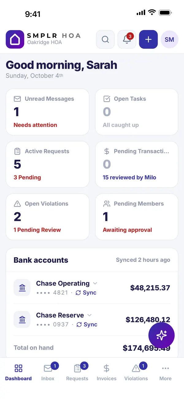 SMPLR HOA board app: messages, tasks, requests, violations and bank accounts