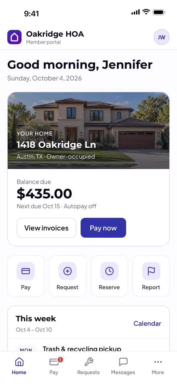 SMPLR HOA resident portal: balance due, payments, requests and community calendar