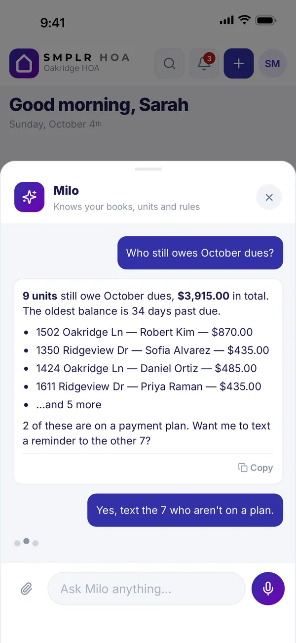 Milo answering a board question about unpaid dues and preparing payment reminders