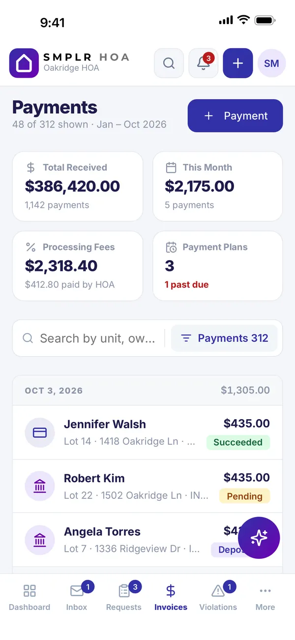 HOA payment totals, payment plans and individual payment statuses