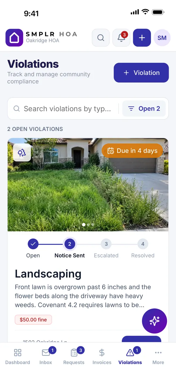 Landscaping violation with a property photo, deadline and enforcement progress